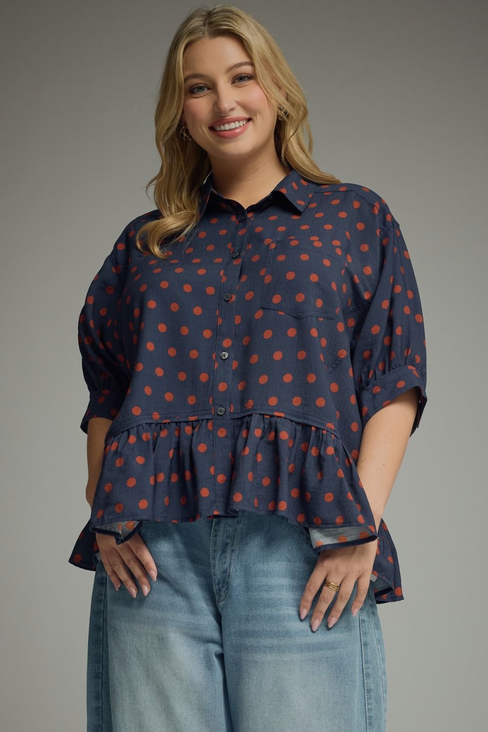 ENTRO Polka Dot Ruffle Hem Top In Navy Rust PLUS Size