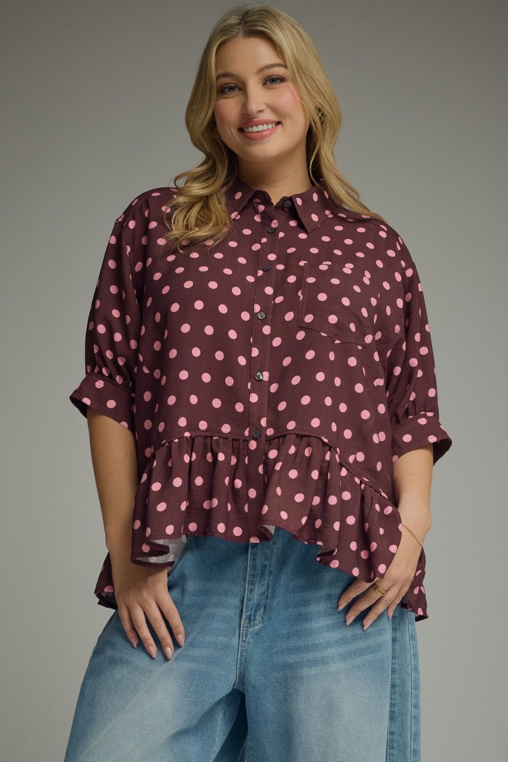 ENTRO Polka Dot Ruffle Hem Top In Wine PLUS Size