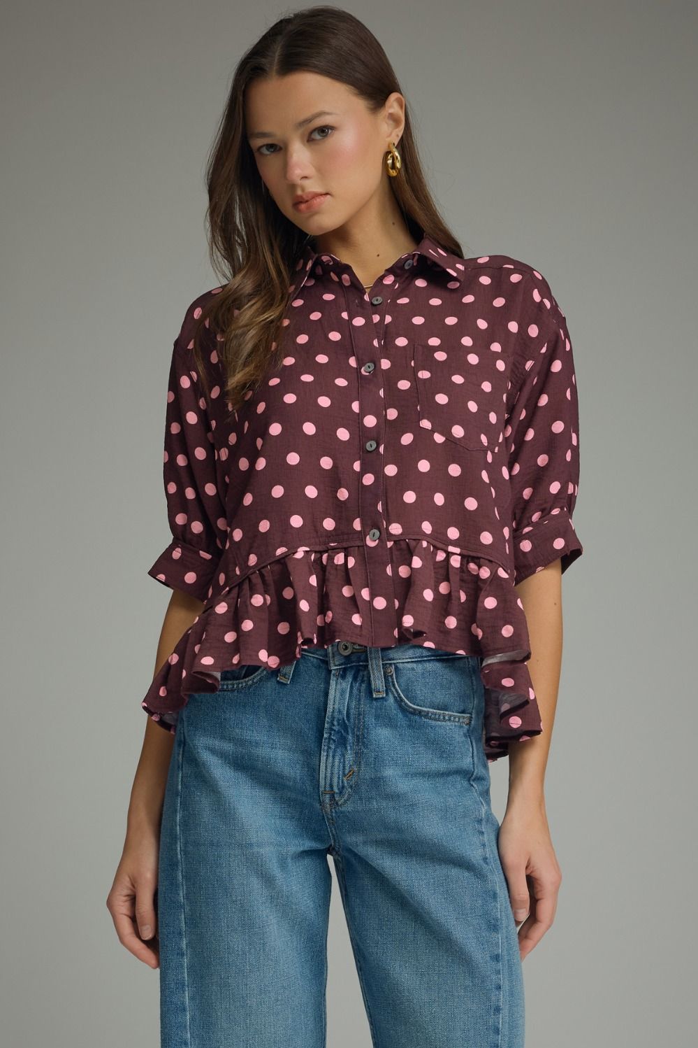 ENTRO Polka Dot Ruffle Hem Top In Wine