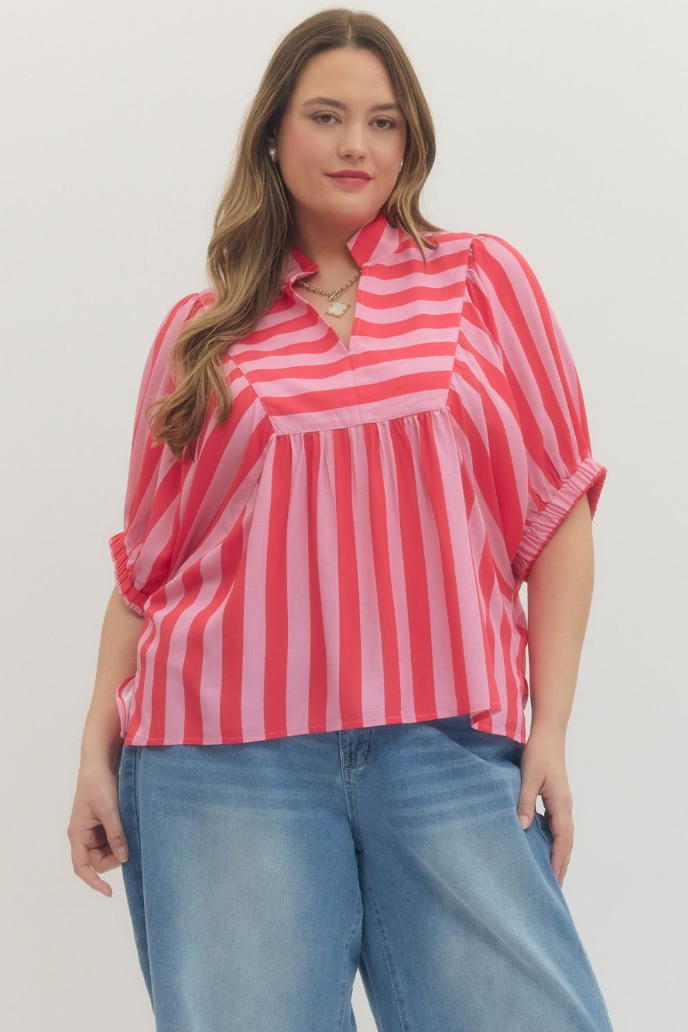 Entro Striped Dolman Sleeve Top In Pink PLUS Size
