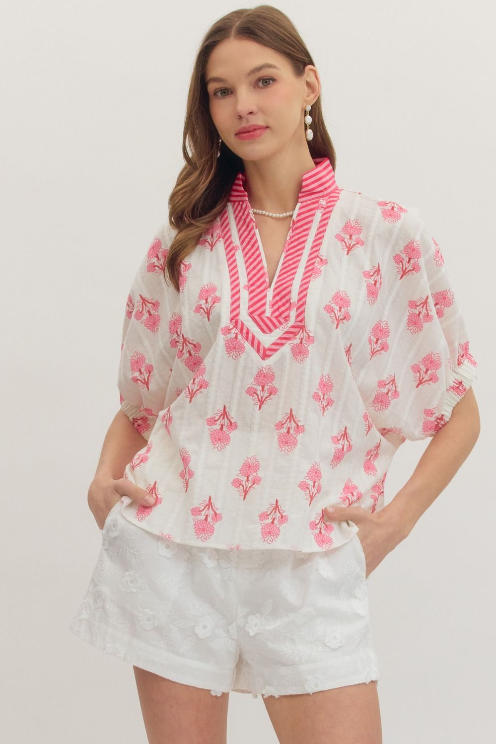 ENTRO Botanical Print Short Sleeve Dolman Top In Pink