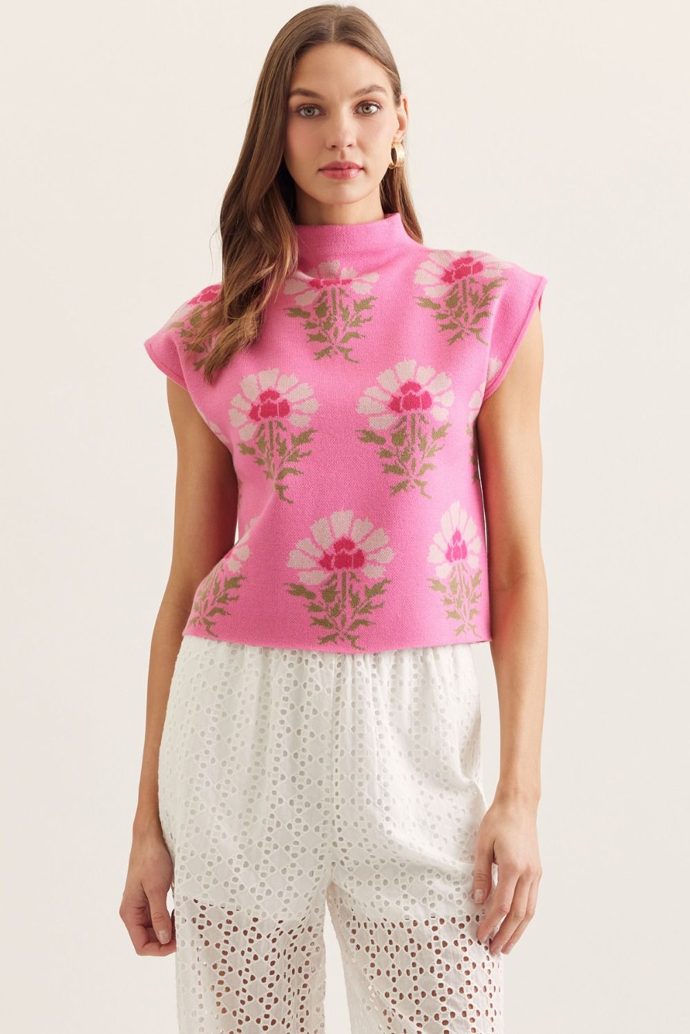 ENTRO Botanical Print Sleeveless Mock Neck Top In Pink