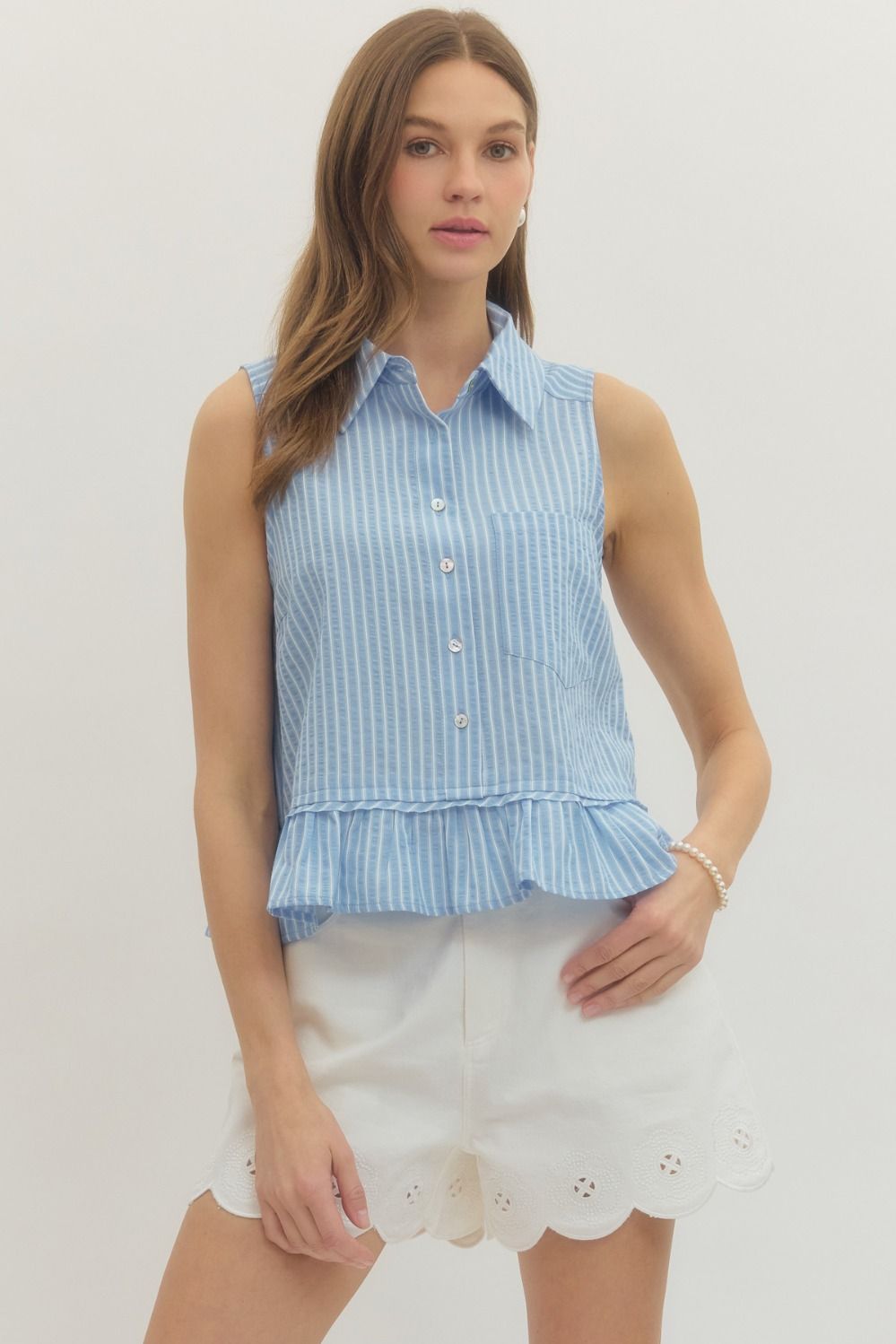 ENTRO Striped Sleeveless Top With Ruffle Hem In Blue