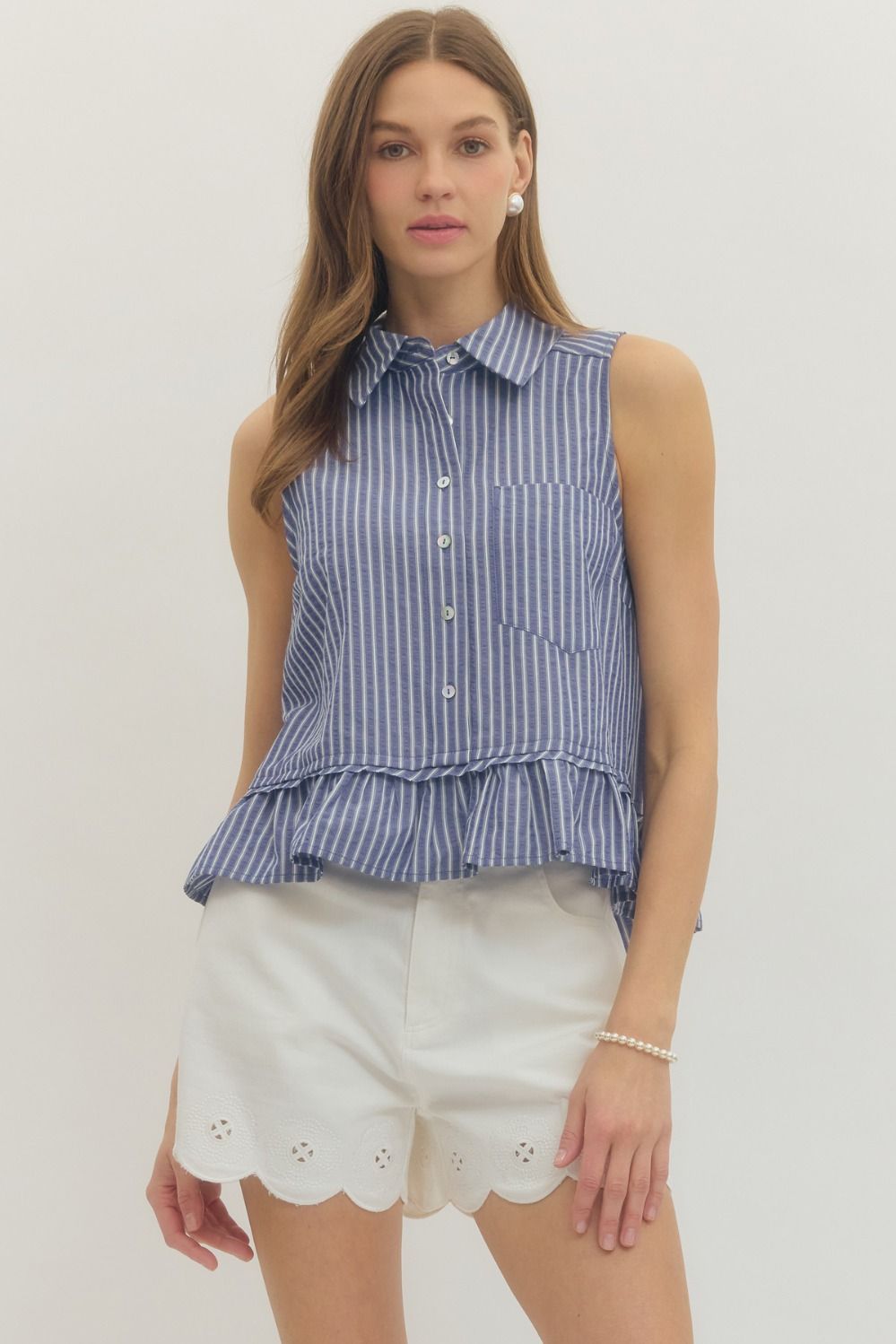 Entro Striped Sleeveless Top With Ruffle Hem In Navy