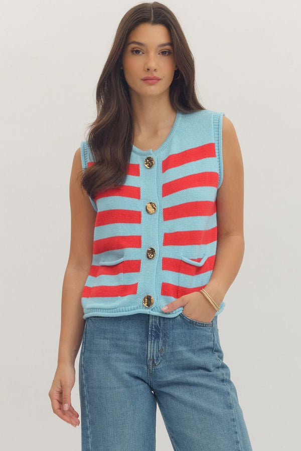 ENTRO Striped Sleeveless Top With Gold Button Closure In Blue