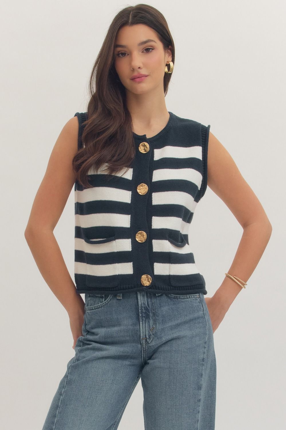 ENTRO Striped Sleeveless Top With Gold Button Closure In Navy