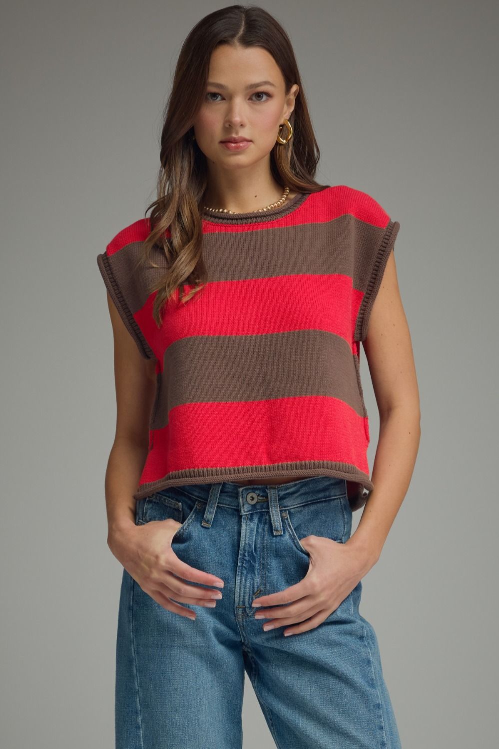 ENTRO Striped Cap Sleeve Top In Brown Red *COMING SOON*