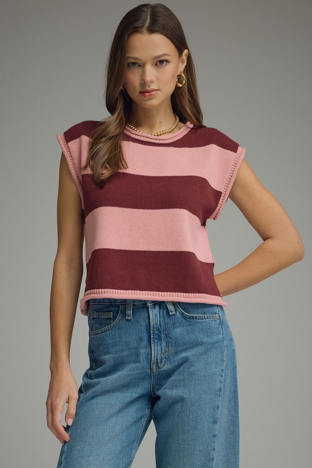 ENTRO Striped Cap Sleeve Top In Burgundy