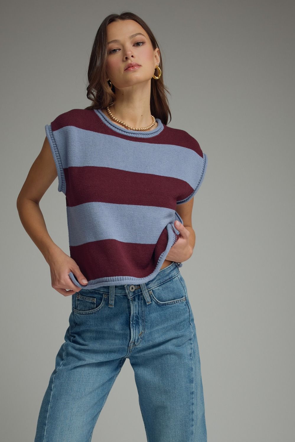 ENTRO Striped Cap Sleeve Top In Slate Blue *COMING SOON*