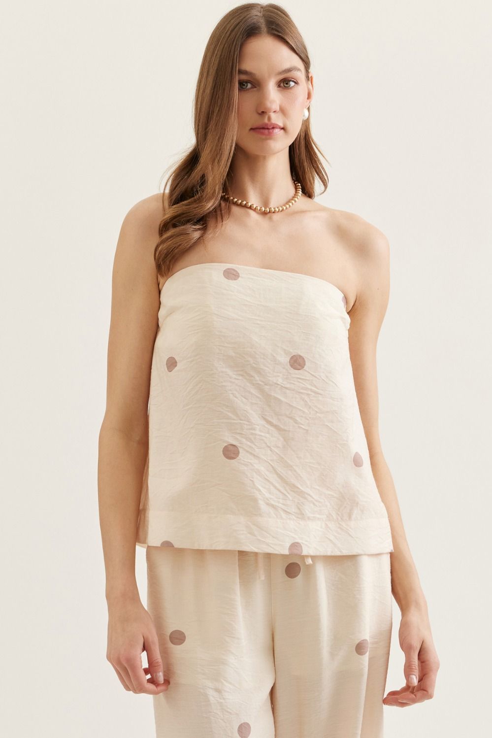 ENTRO Polka Dot Strapless Top In Ecru