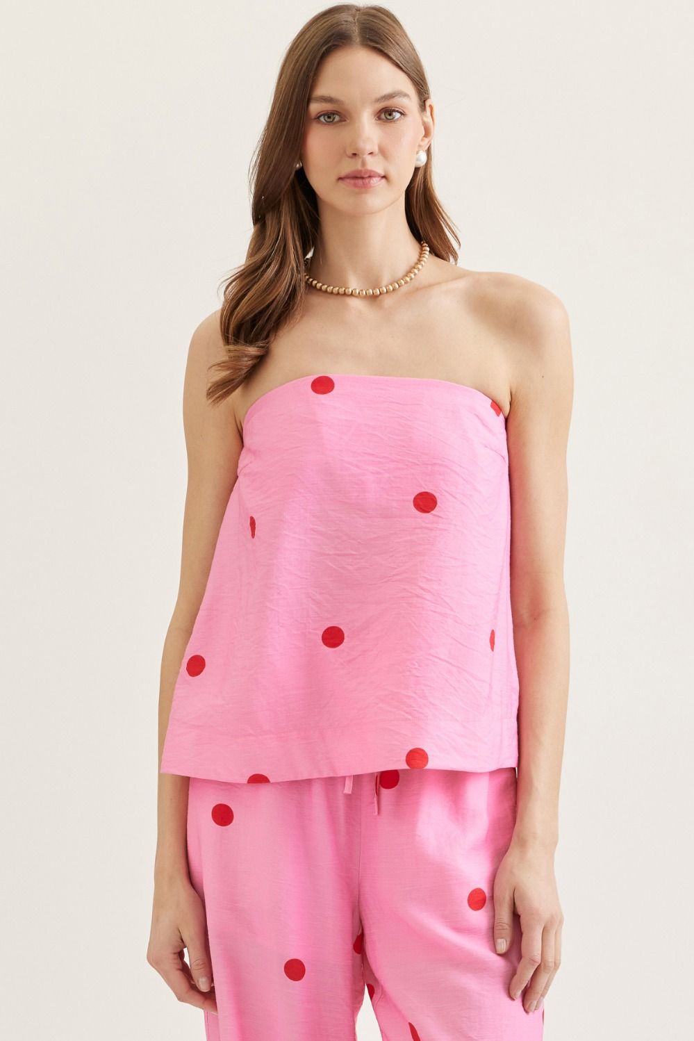 ENTRO Polka Dot Strapless Top In Pink