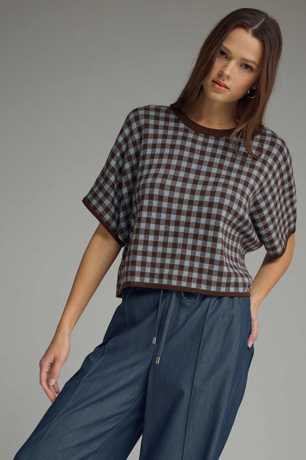 ENTRO Gingham Short Sleeve Top In Brown *COMING SOON*
