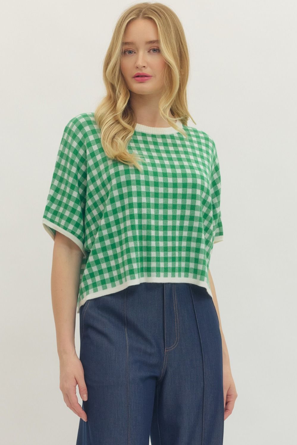 ENTRO Short Sleeve Check Top In Green