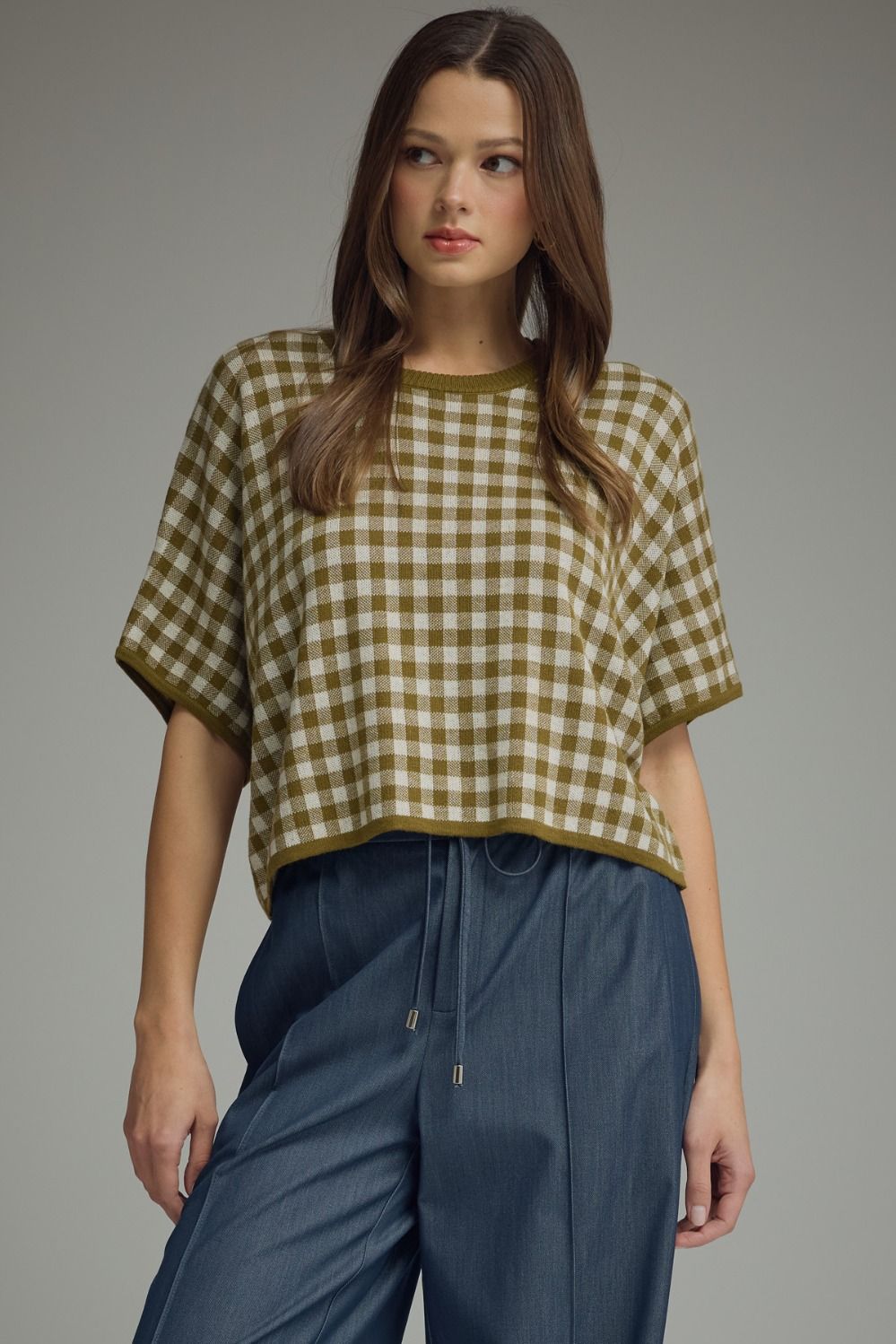 ENTRO Gingham Short Sleeve Top In Olive *COMING SOON*