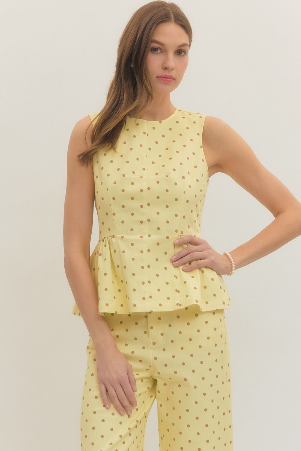 ENTRO Polka Dot Sleeveless Peplum Top In Lemon