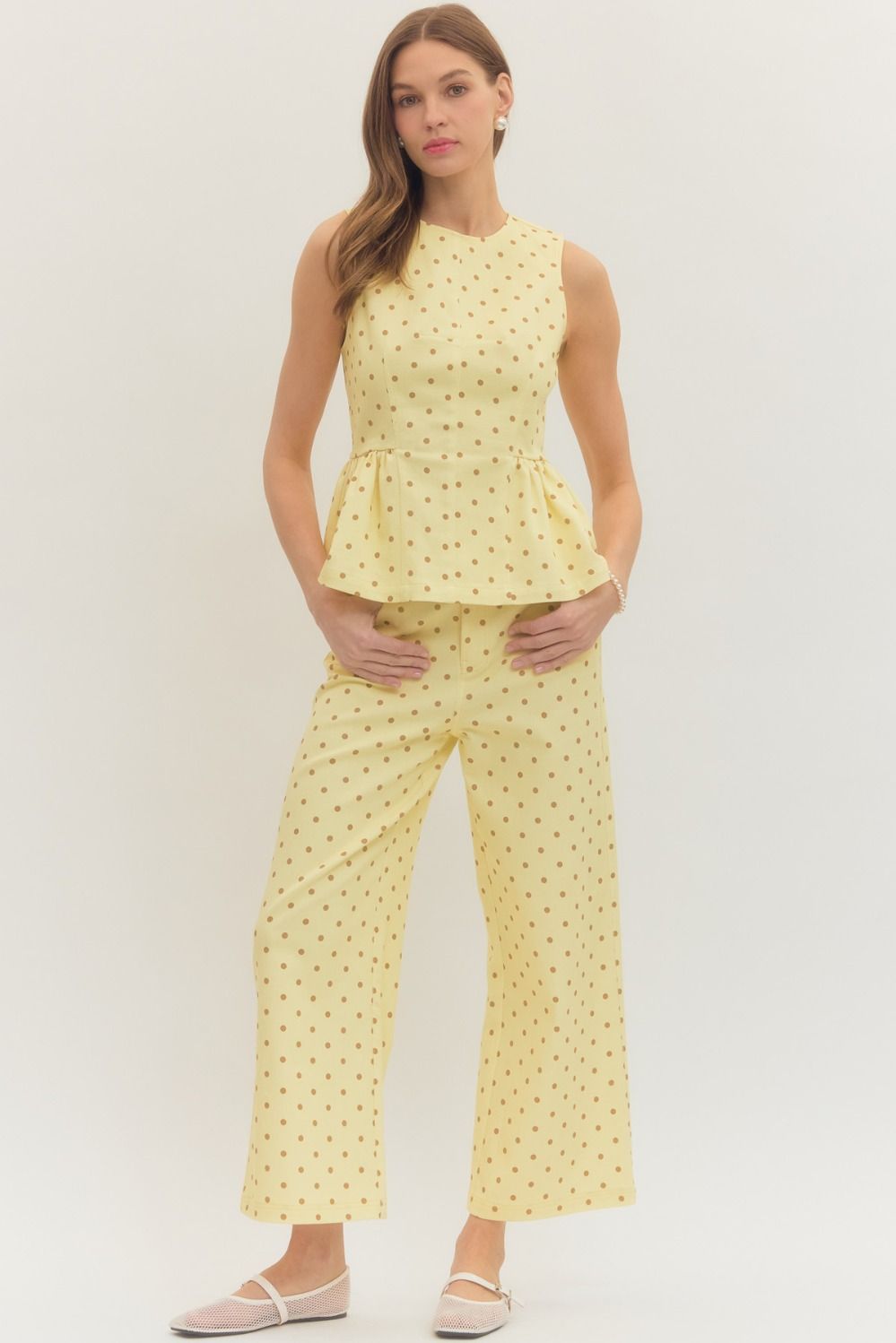 ENTRO Polka Dot Sleeveless Peplum Top In Lemon