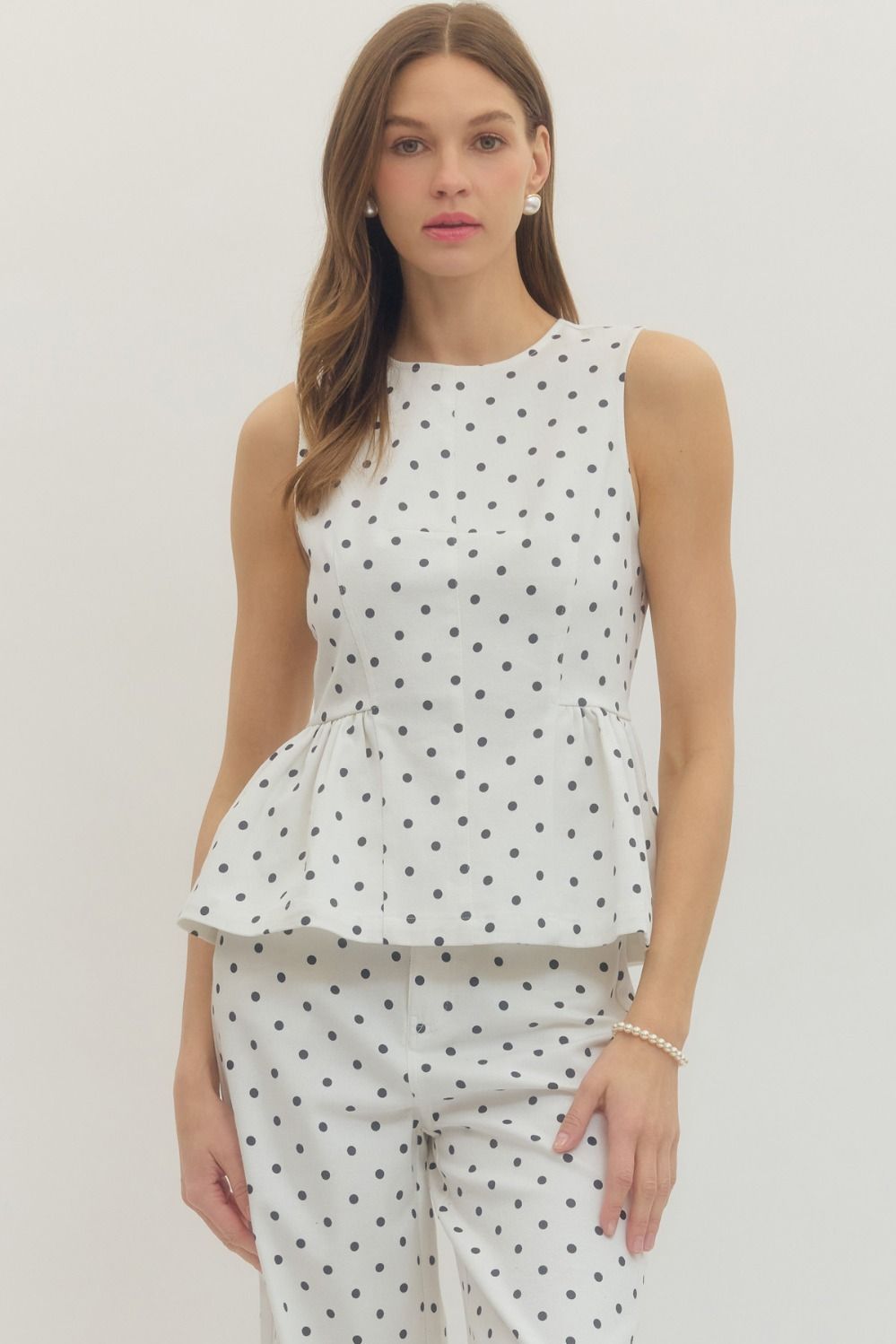 ENTRO Polka Dot Sleeveless Peplum Top In Off White