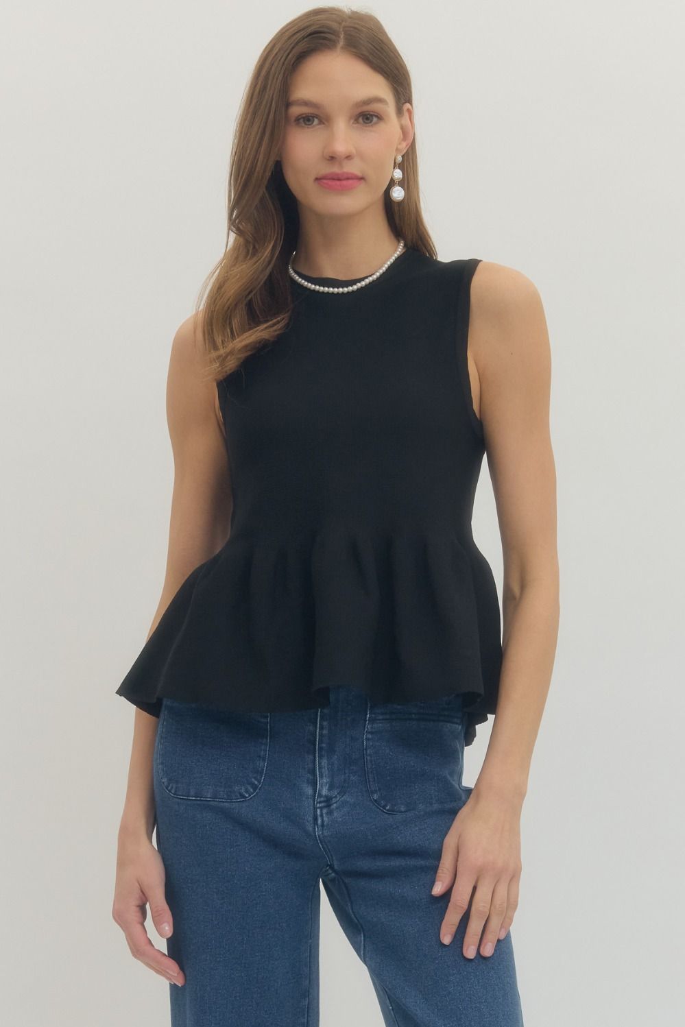 ENTRO Solid Peplum Top In Black