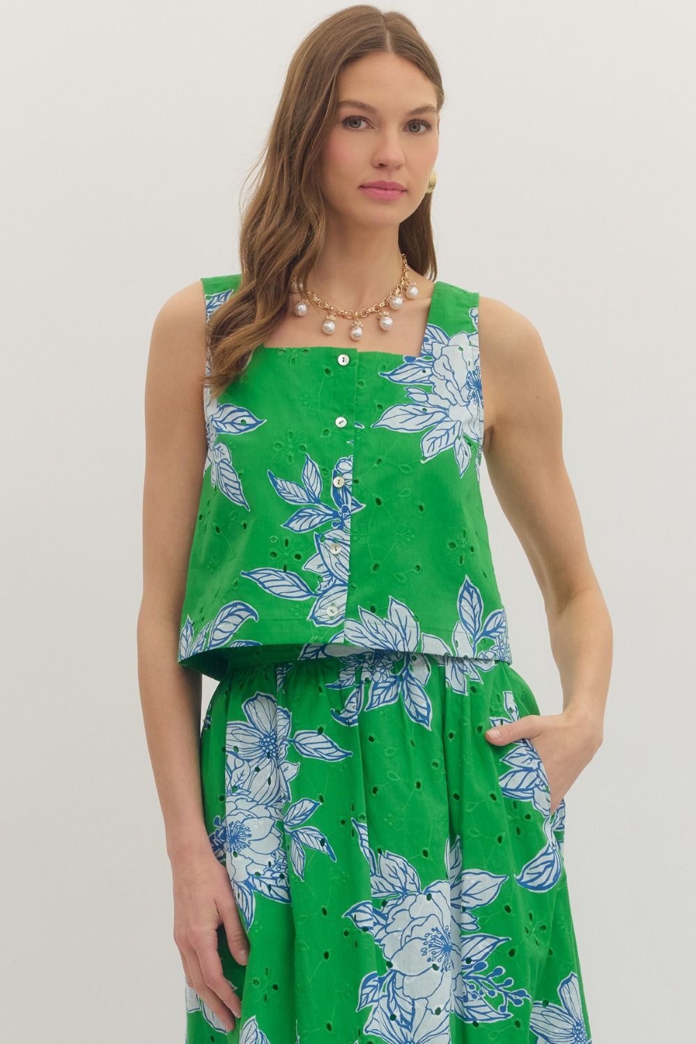 ENTRO Botanical Print Eyelet Square Neck Top In Green