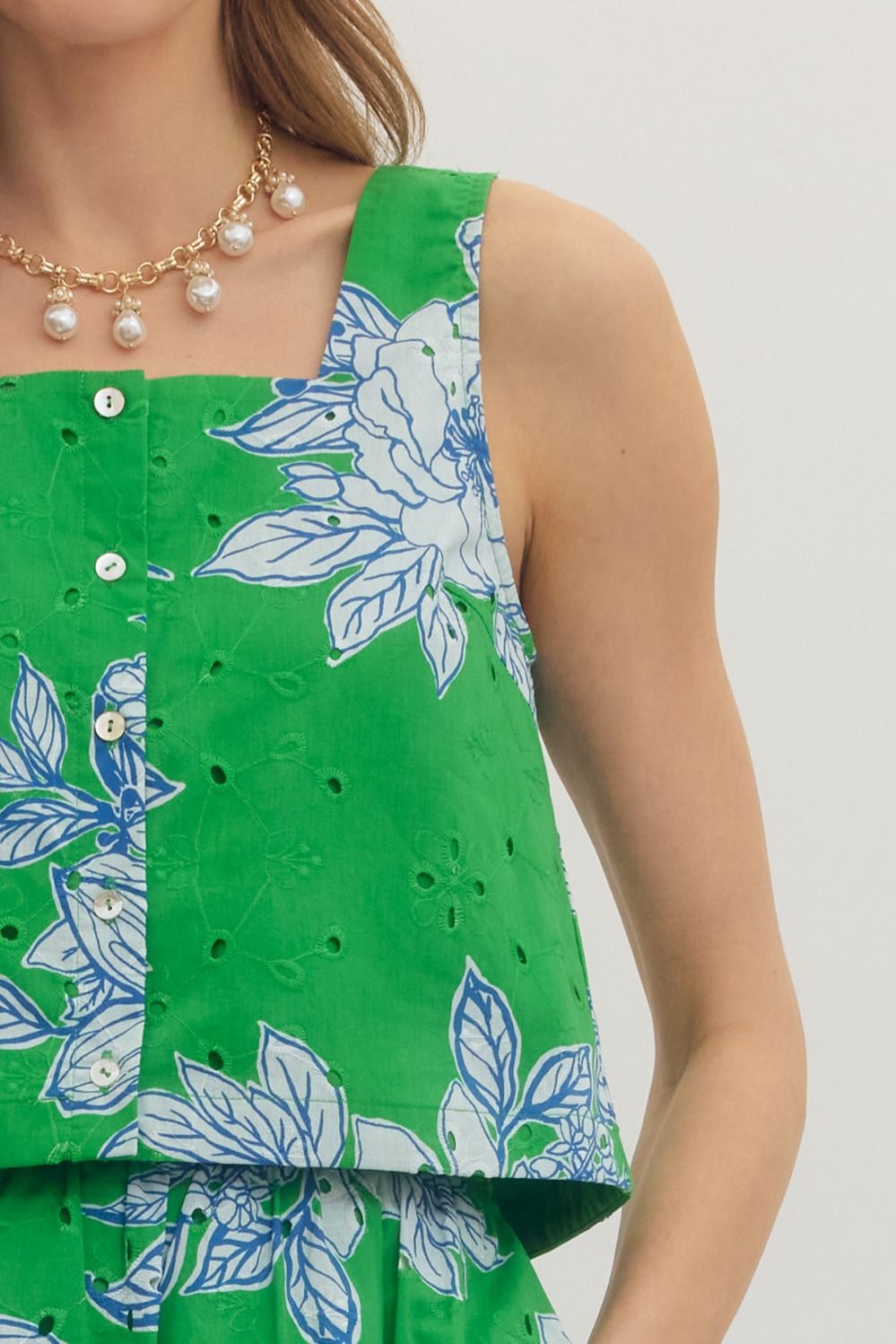 ENTRO Botanical Print Eyelet Square Neck Top In Green