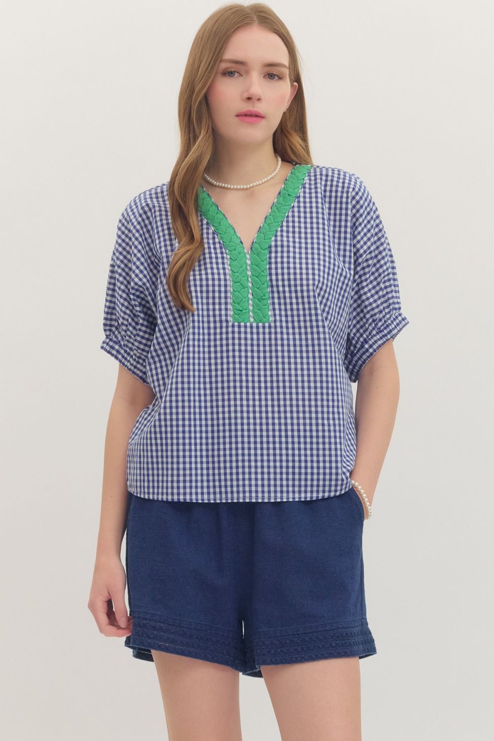 ENTRO Gingham Short Sleeve Top With Contract V Neck In Indigo