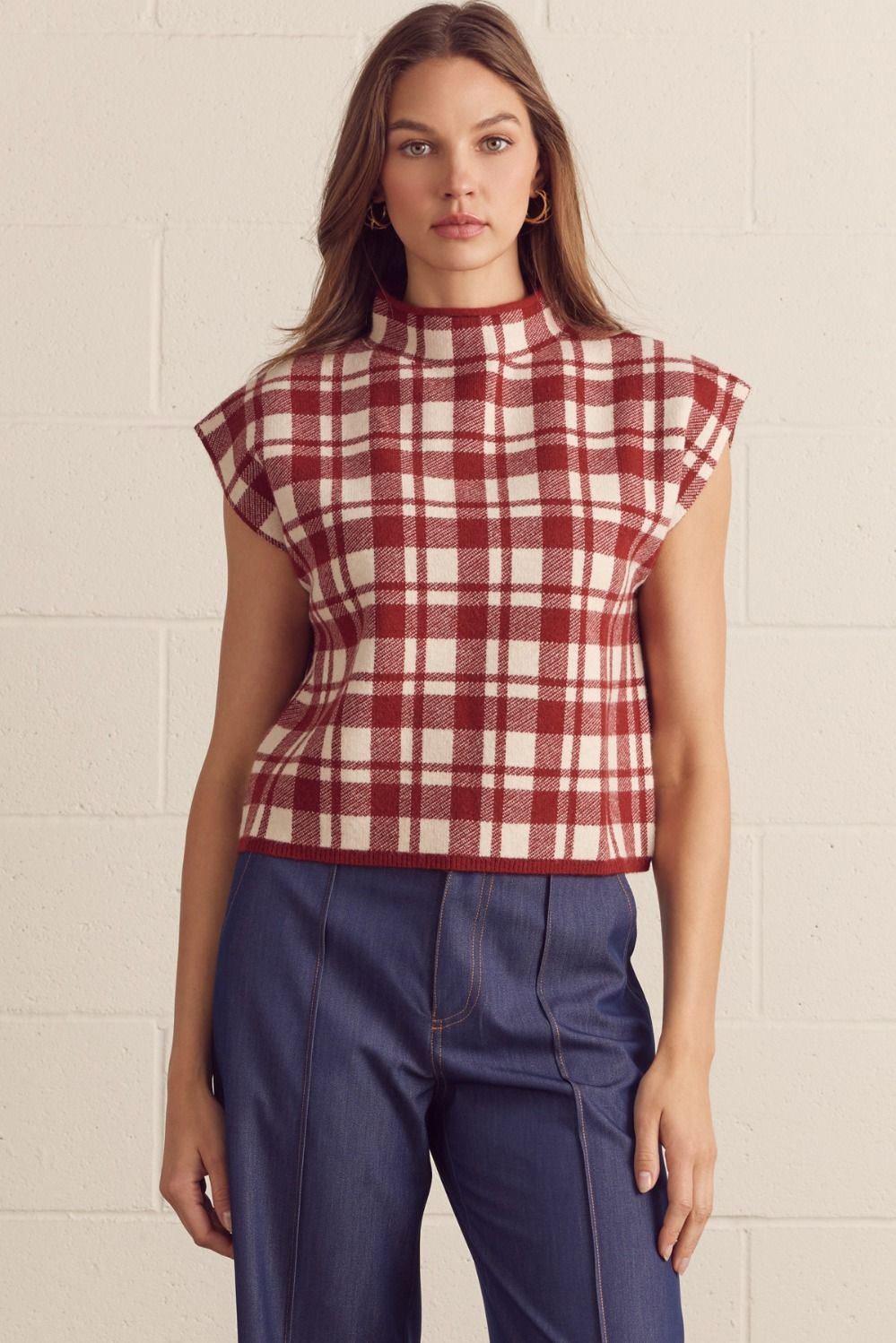 ENTRO Plaid Mock Neck Cap Sleeve Top In Rust *COMING SOON*