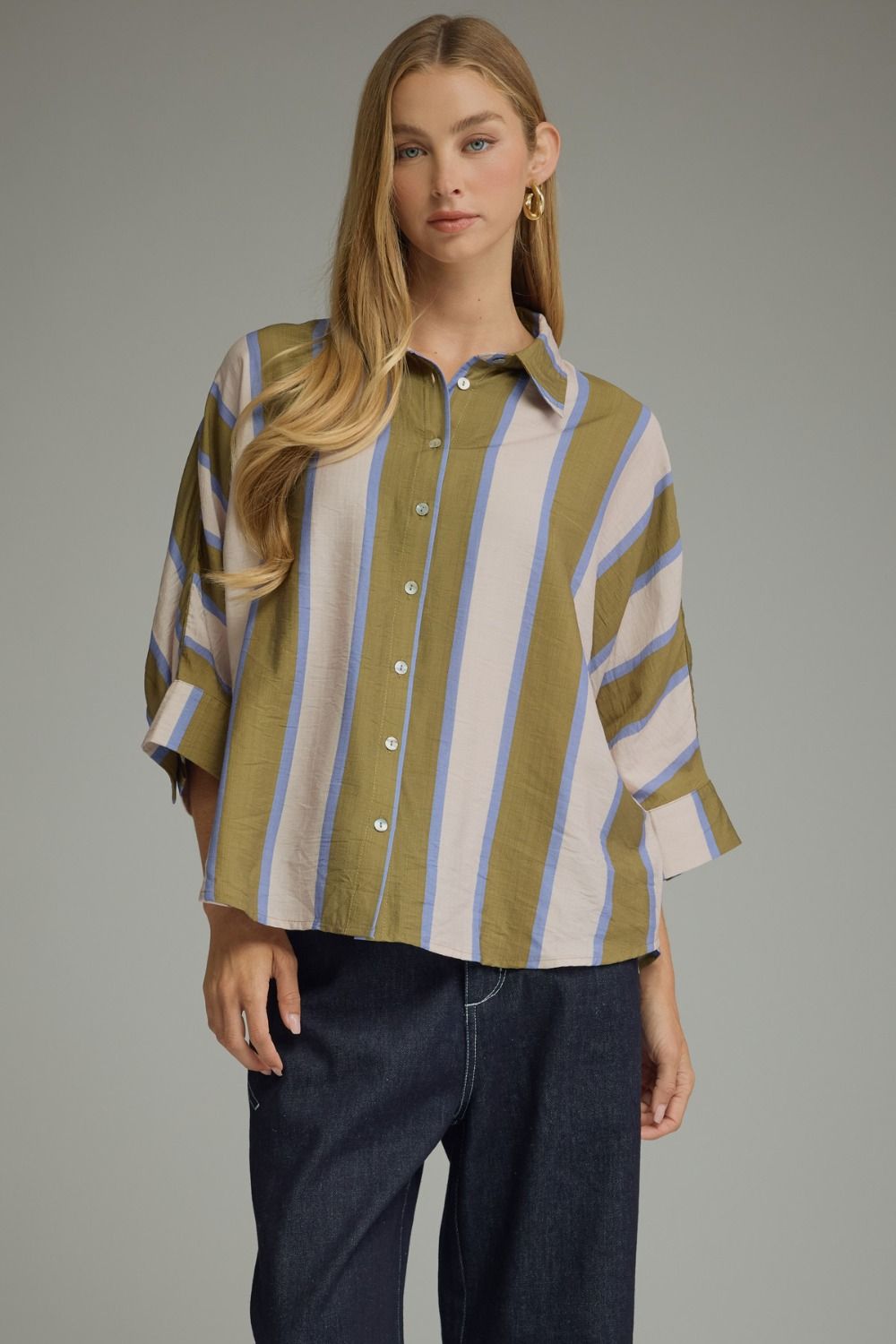 ENTRO Striped Collar Top In Olive Blue