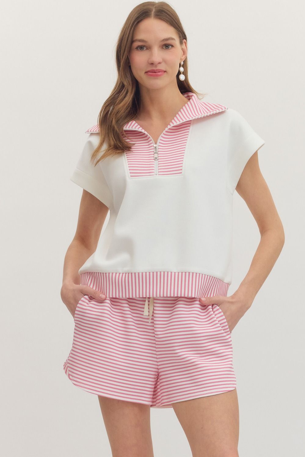 ENTRO Striped Cap Sleeve Top In Pink