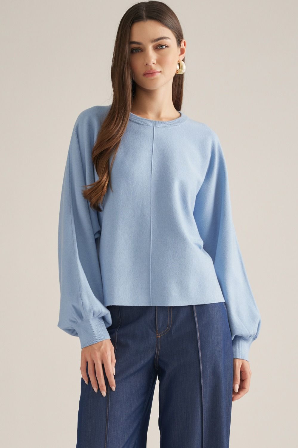 ENTRO Bubble Long Sleeve Round Neck Top In Blue *COMING SOON*
