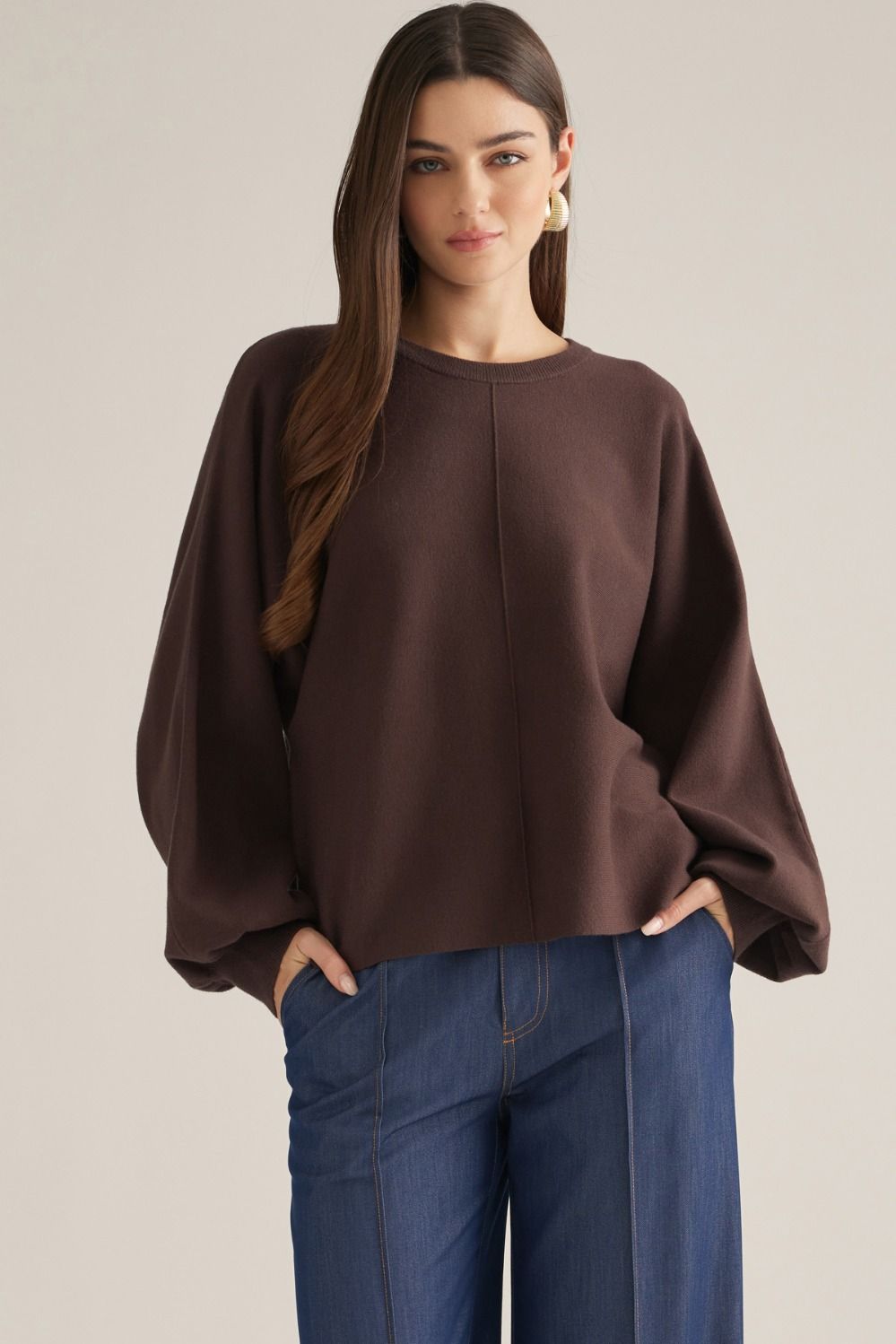 ENTRO Bubble Long Sleeve Round Neck Top In Brown *COMING SOON*
