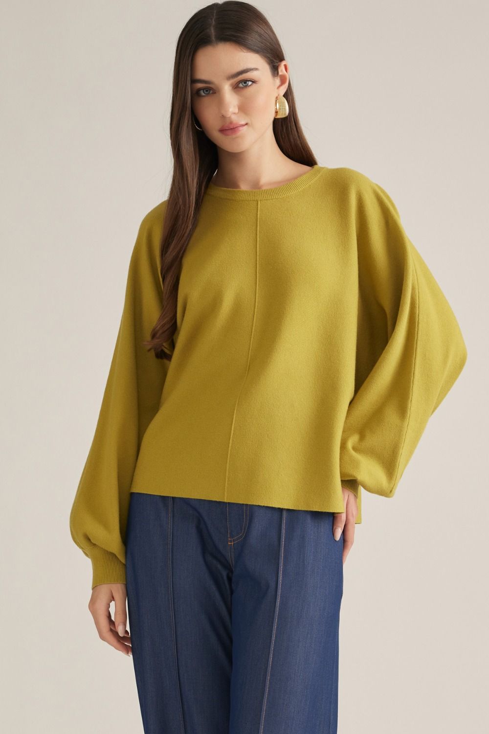 ENTRO Bubble Long Sleeve Round Neck Top In Martini Olive *COMING SOON*