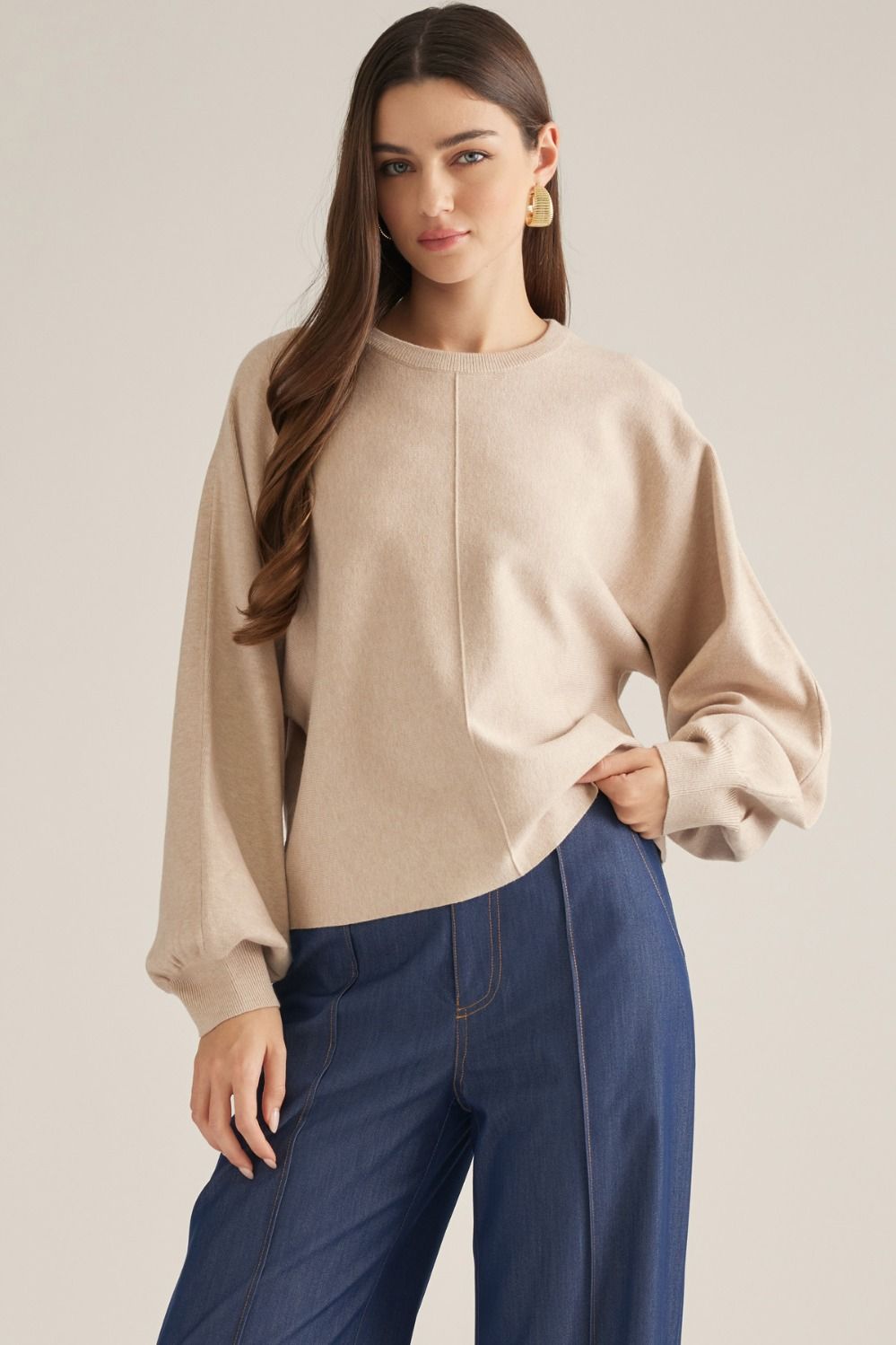 ENTRO Bubble Long Sleeve Round Neck Top In Oatmeal *COMING SOON*