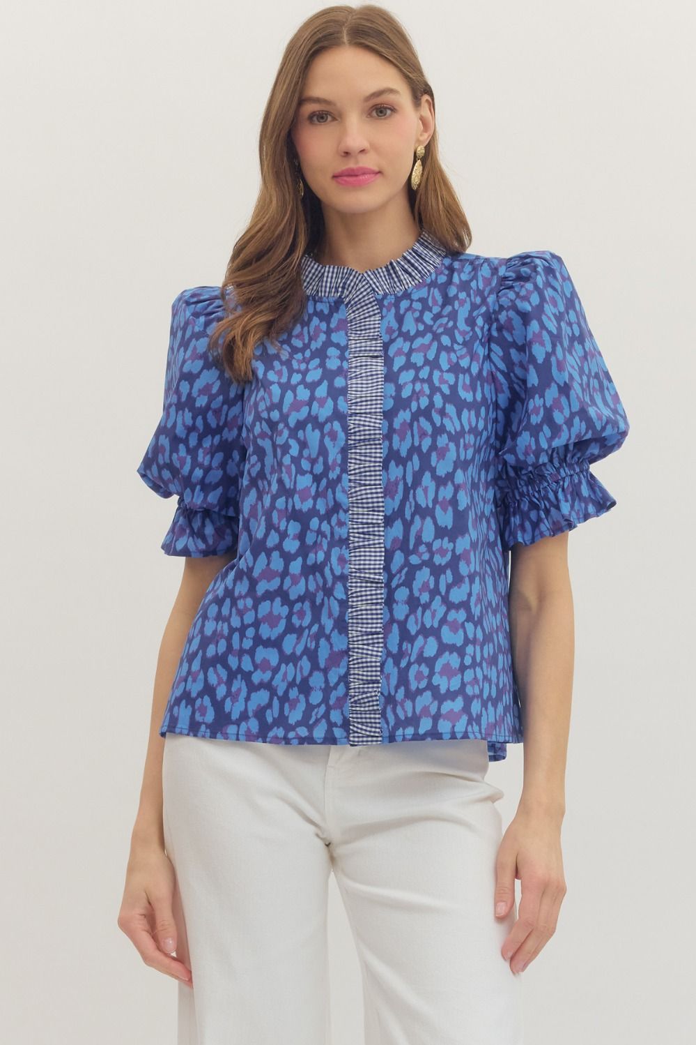 ENTRO Leopard Print Puff Sleeve Ruffle Trim Top In Blue