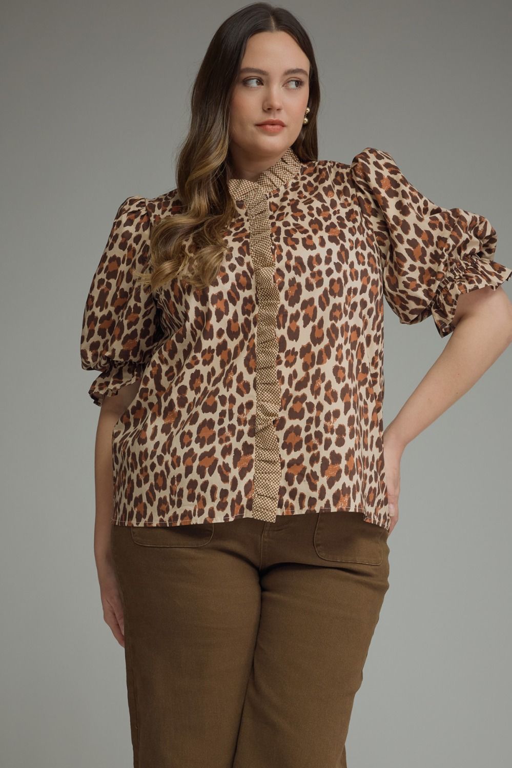 ENTRO Leopard Print Puff Sleeve Top In Ecru PLUS Sizes