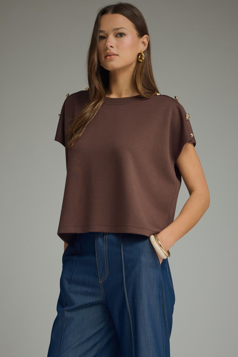 ENTRO Round Neck Knit Top With Gold Button Detail In Brown