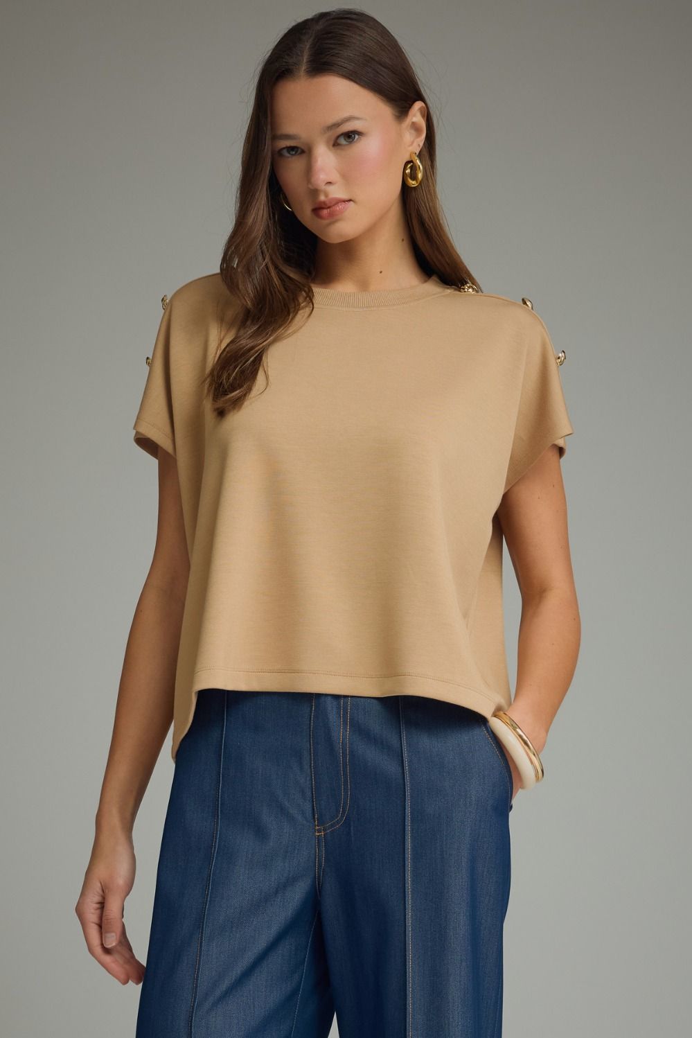 ENTRO Round Neck Knit Top With Gold Button Detail In Taupe