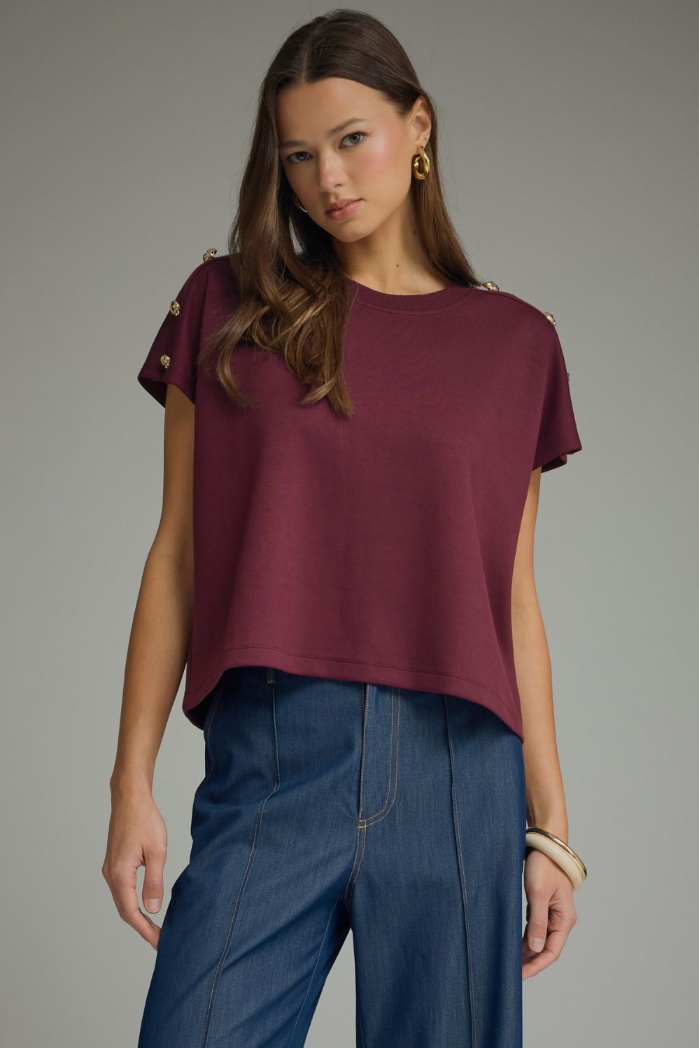 ENTRO Round Neck Knit Top With Gold Button Detail In Wine
