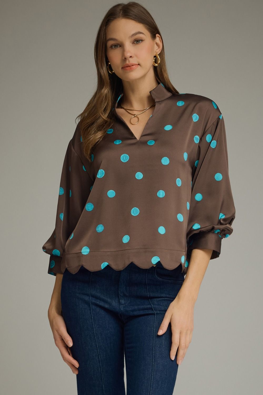 ENTRO Dot Print Collared Top In Brown
