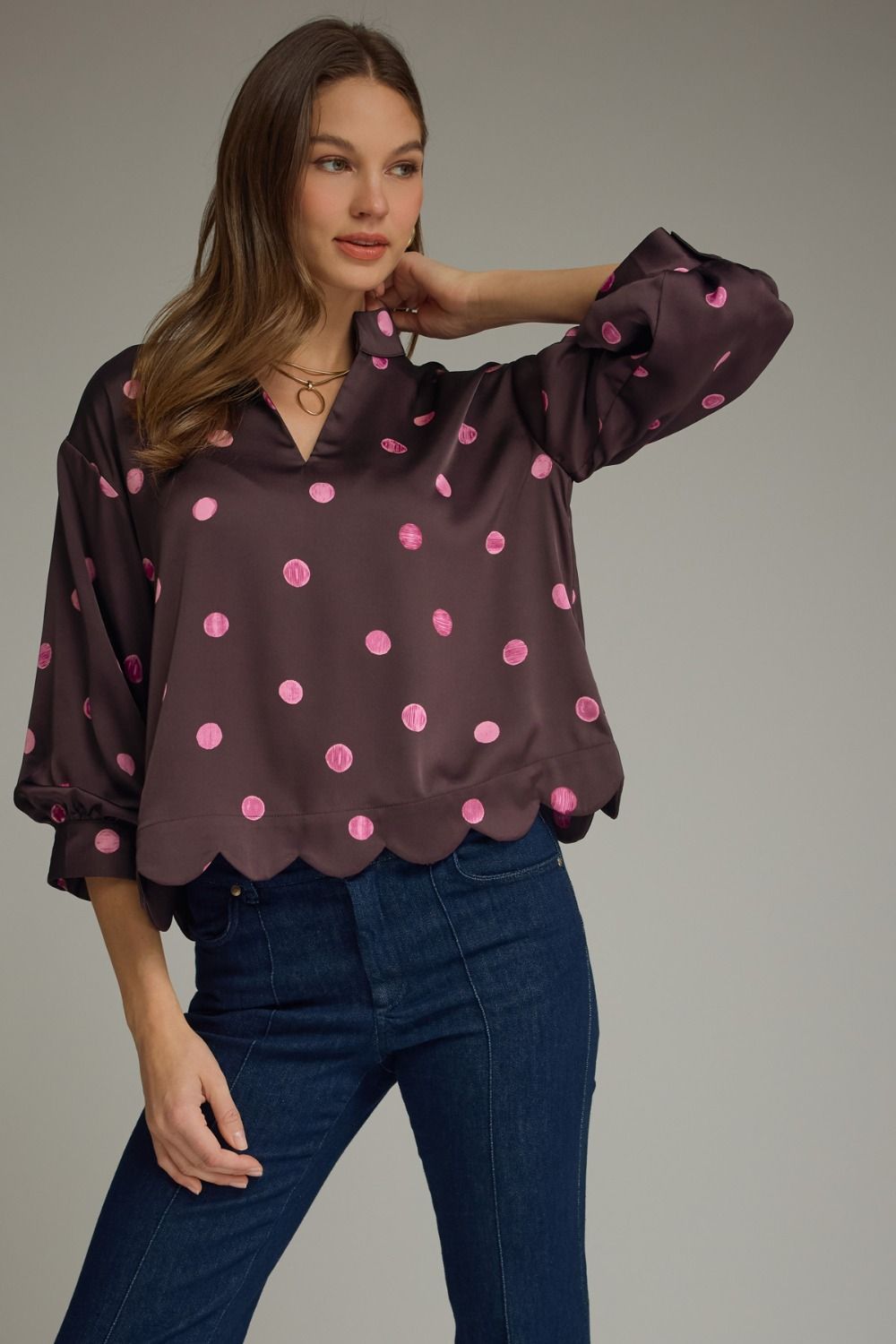 ENTRO Dot Print Collared Top In Plum