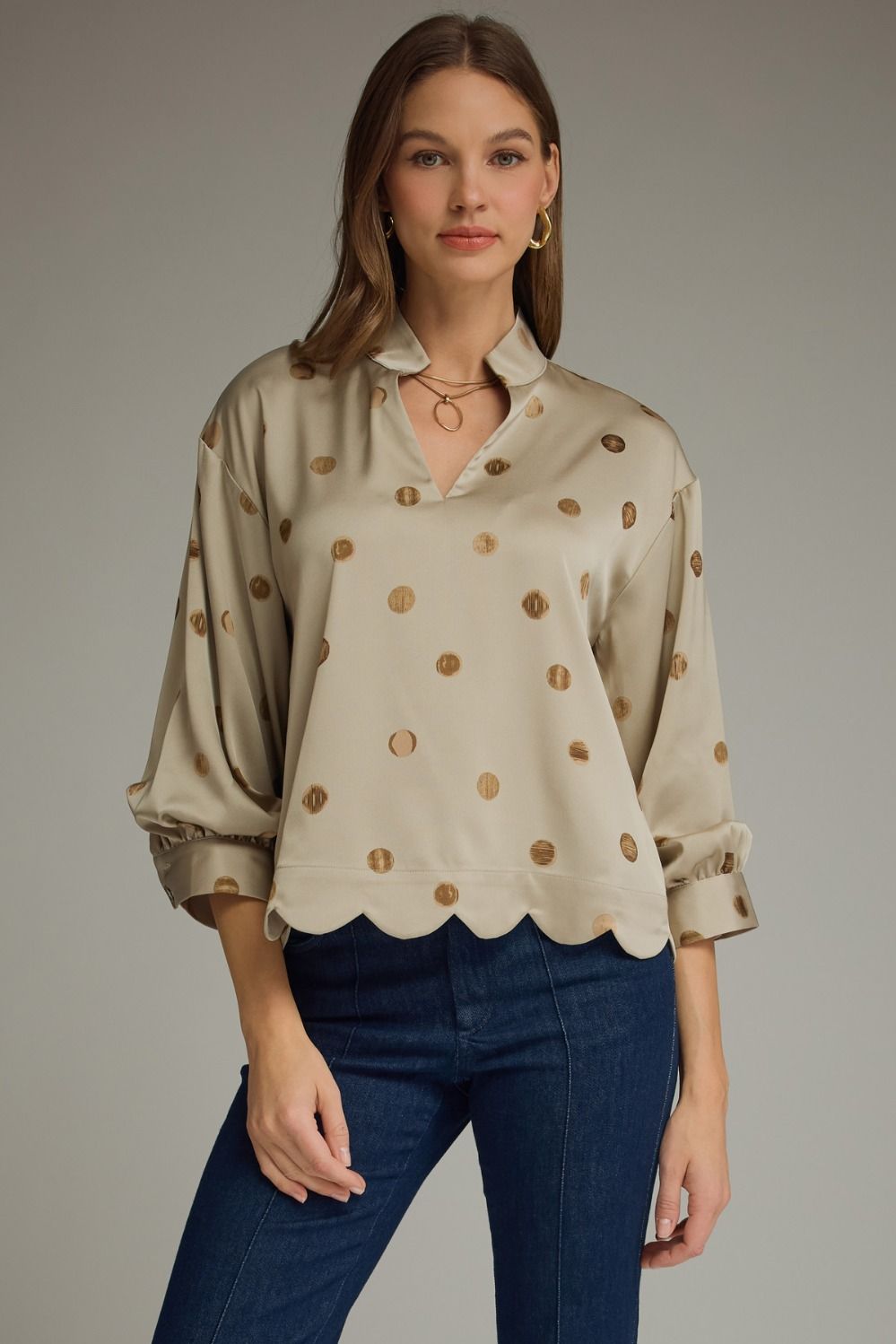 ENTRO Dot Print Collared Top In Smokey Taupe