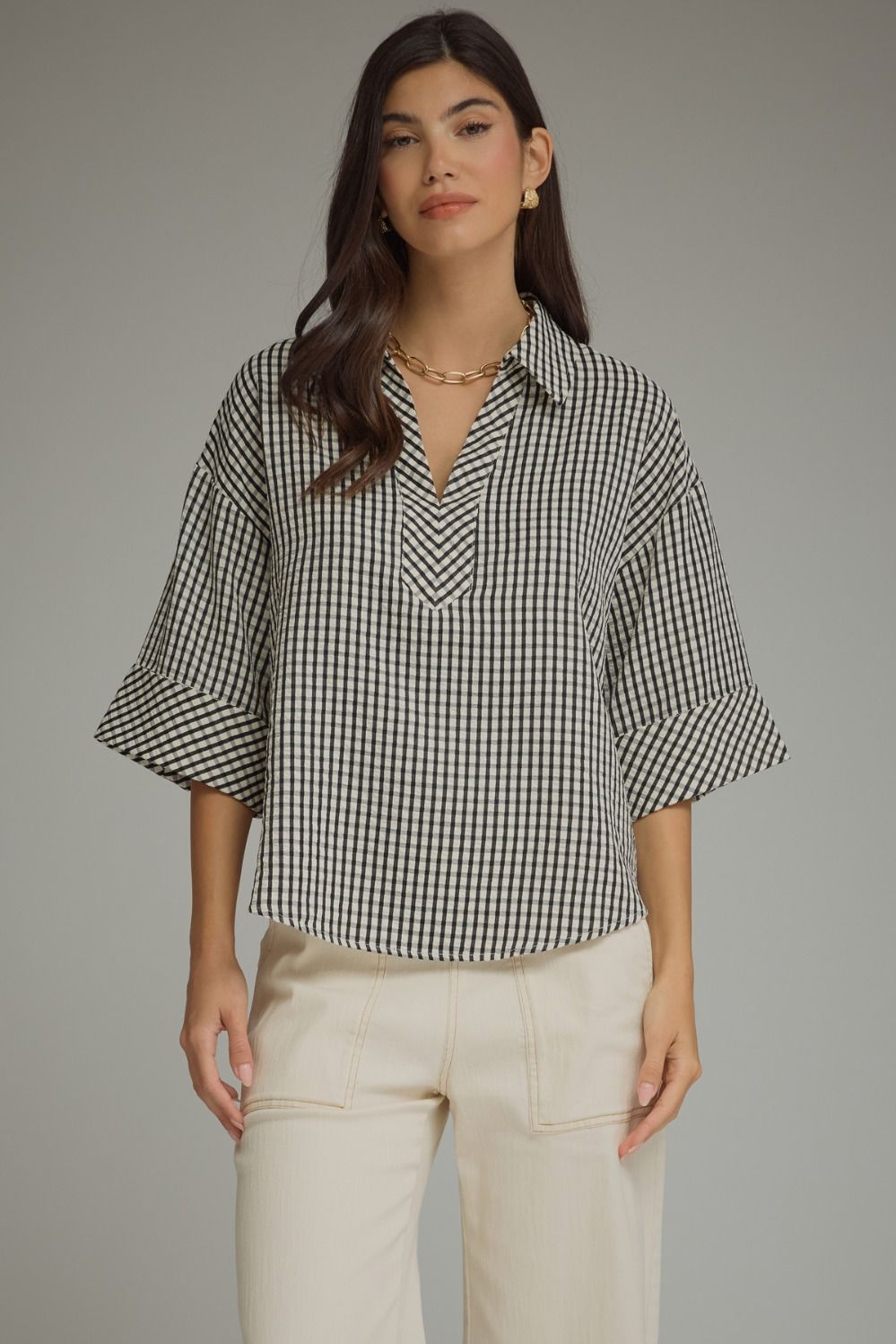 ENTRO Gingham 3/4 Sleeve Top In Black