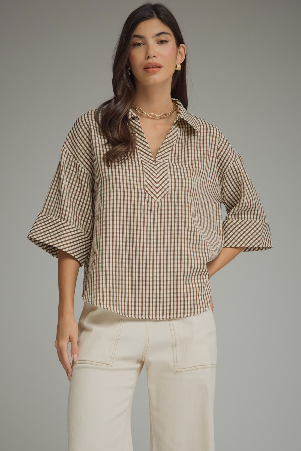 ENTRO Gingham 3/4 Sleeve Top In Brown