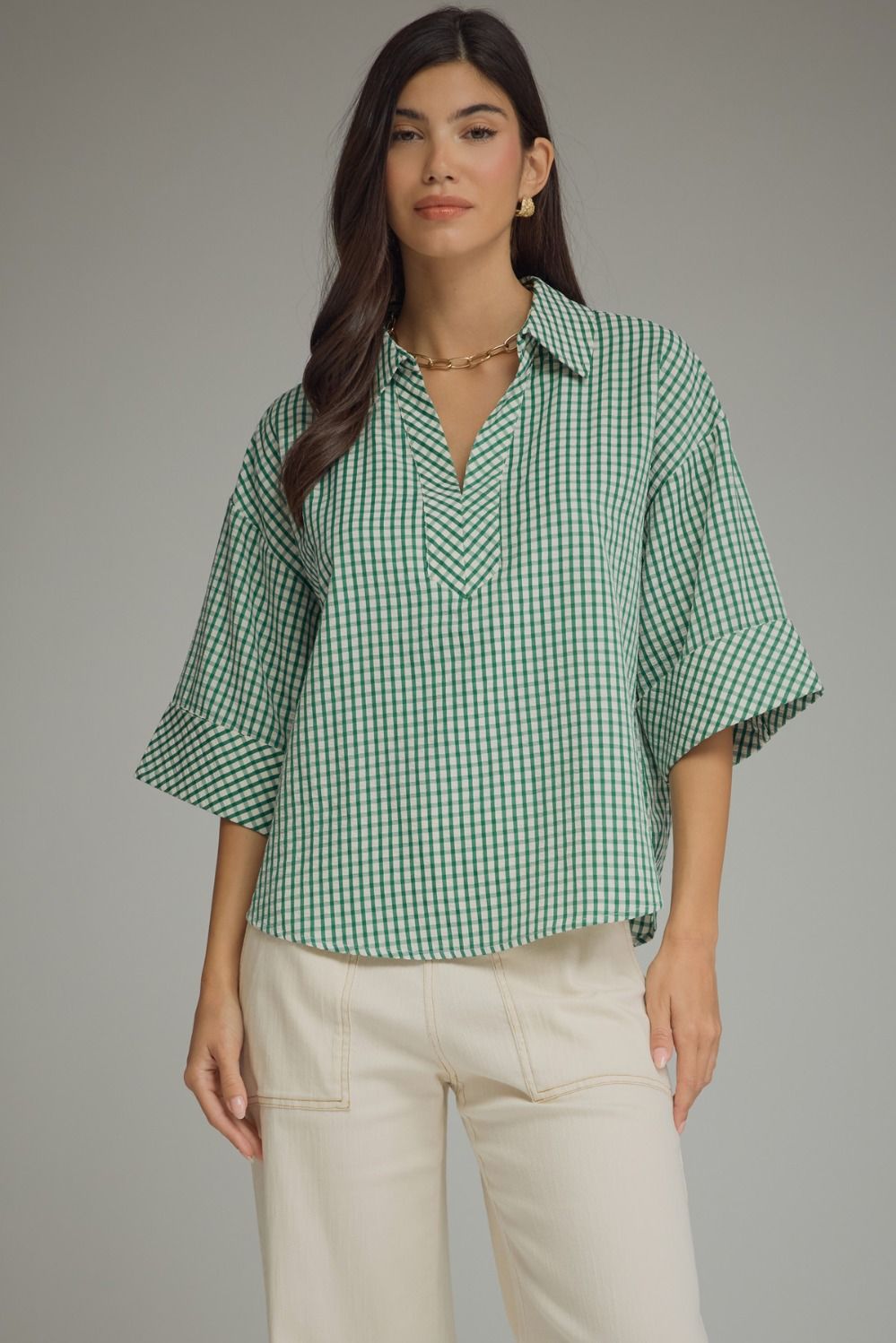 ENTRO Gingham 3/4 Sleeve Top In Hunter Green