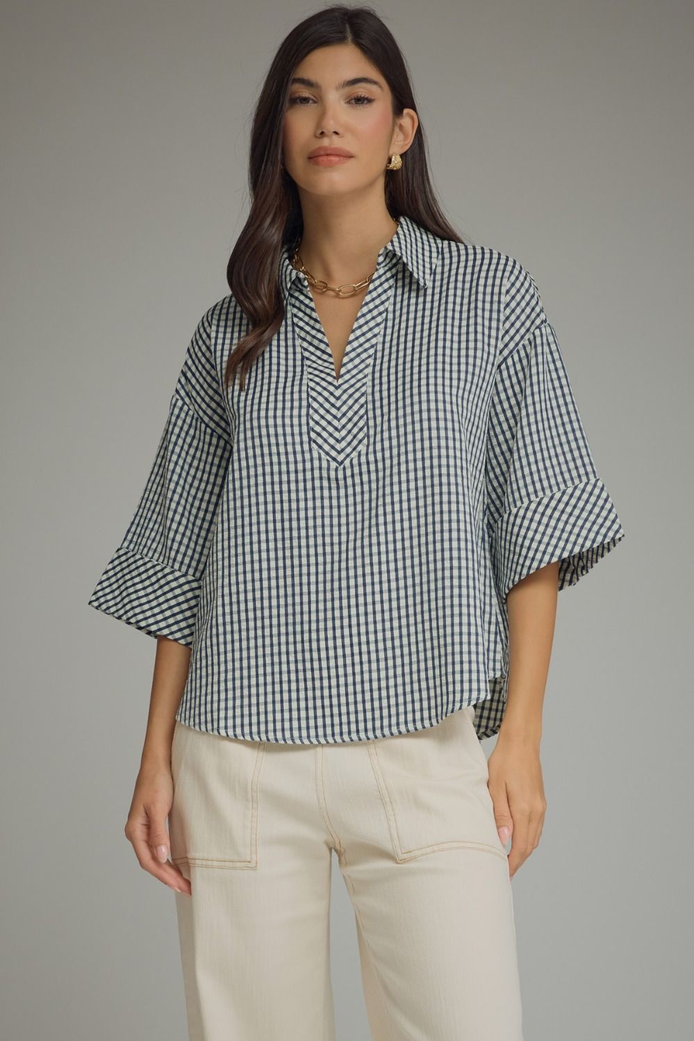 ENTRO Gingham 3/4 Sleeve Top In Navy *COMING SOON*
