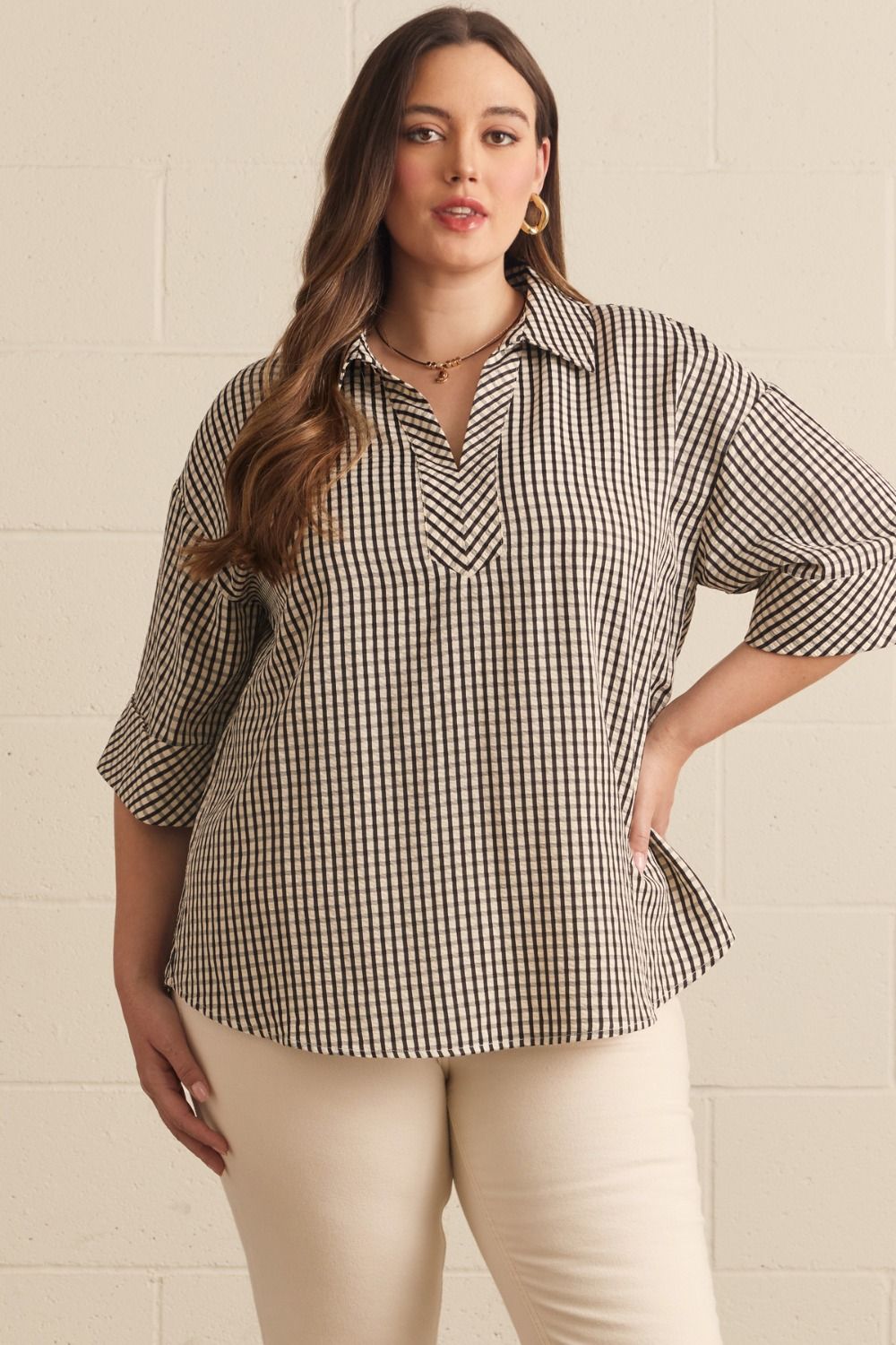 ENTRO Gingham 3/4 Sleeve Top In Black PLUS Sizes *COMING SOON*