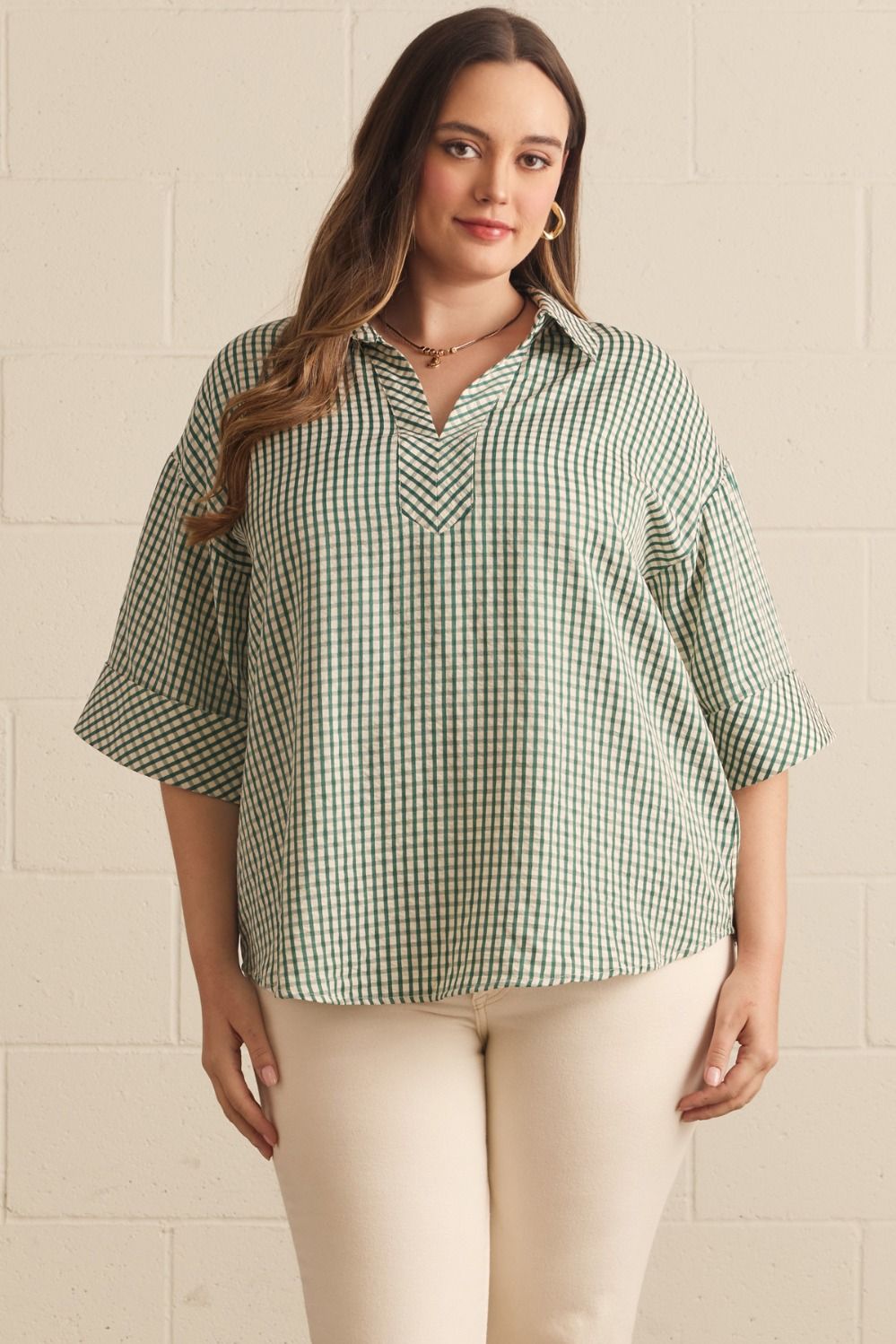 ENTRO Gingham 3/4 Sleeve Top In Hunter Green PLUS Sizes *COMING SOON*