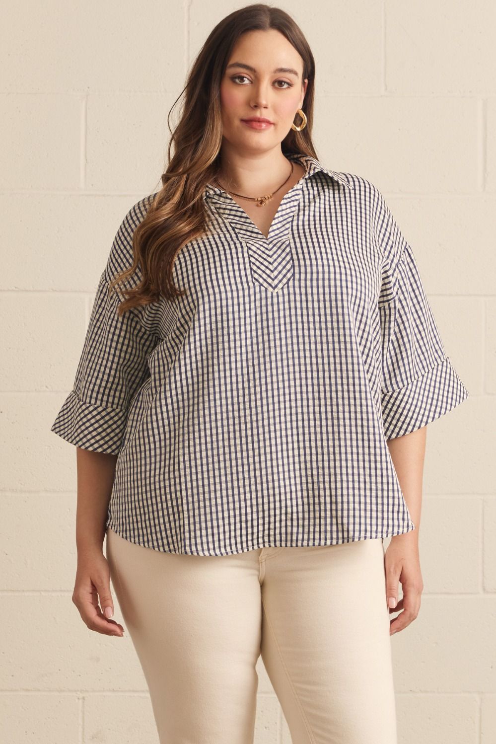 ENTRO Gingham 3/4 Sleeve Top In Navy PLUS Sizes *COMING SOON*