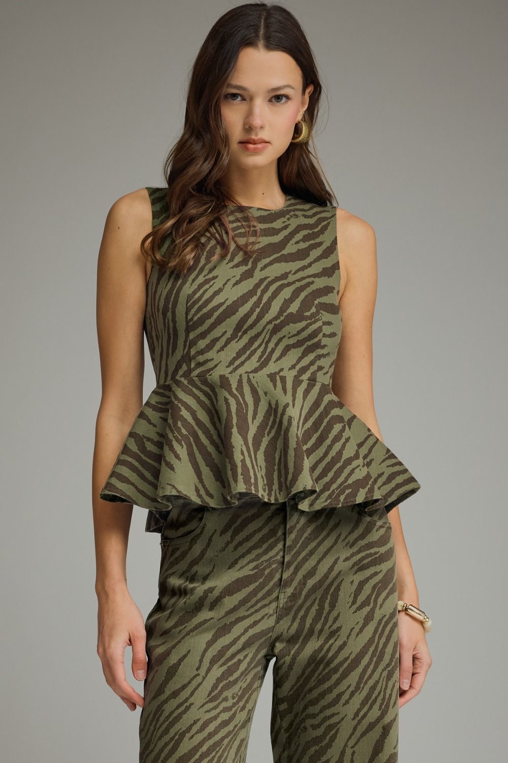 ENTRO Zebra Print Sleeveless Peplum Top In Olive *COMING SOON*