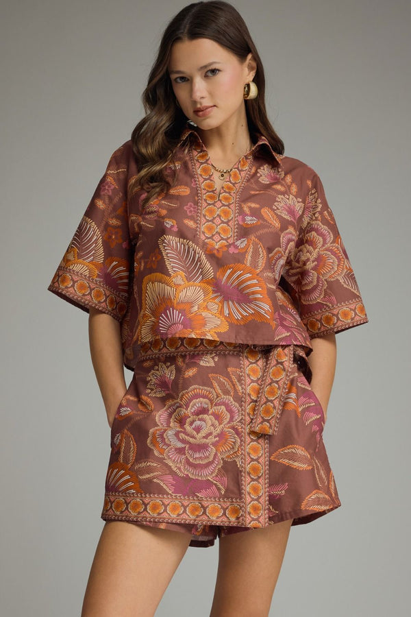 ENTRO Botanical Print Short Sleeve Top In Terra Cotta