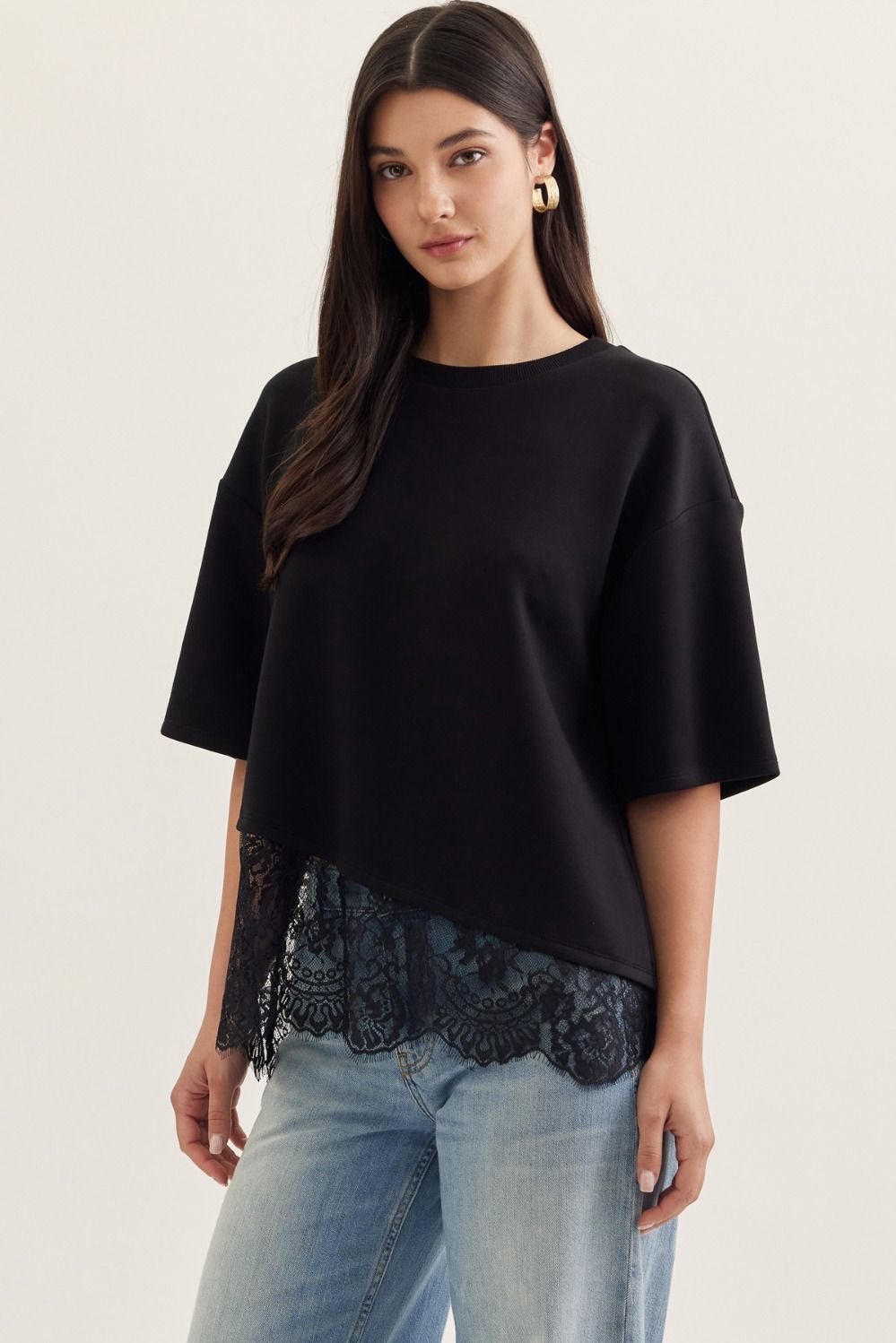 ENTRO Solid Short Sleeve Knit Top With Scalloped Lace Hem In Black